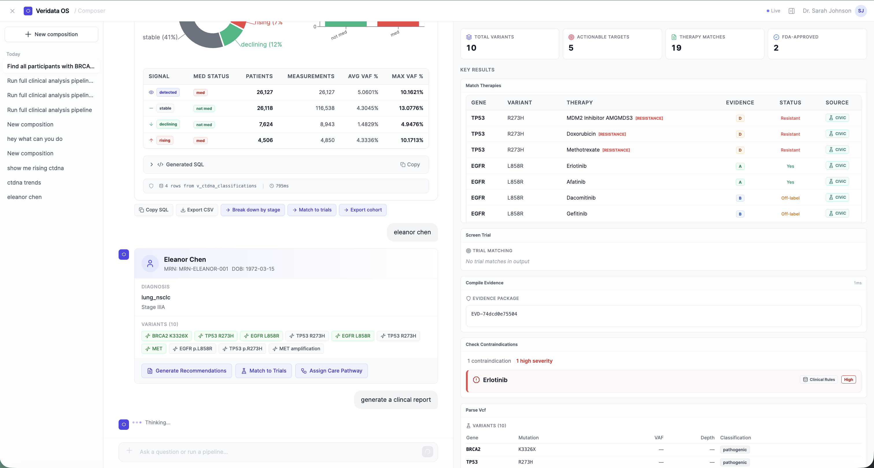 Veridata Composer — clinical pipeline with variant classification, therapy matching, and trial screening